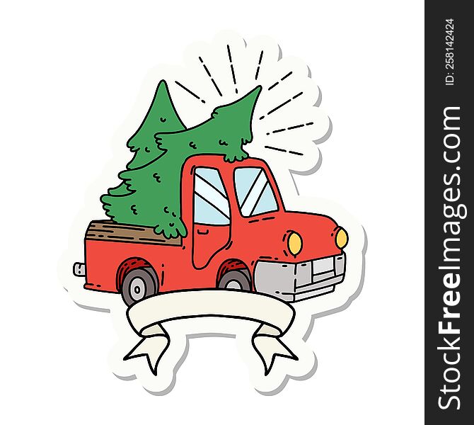 sticker of a tattoo style truck carrying trees