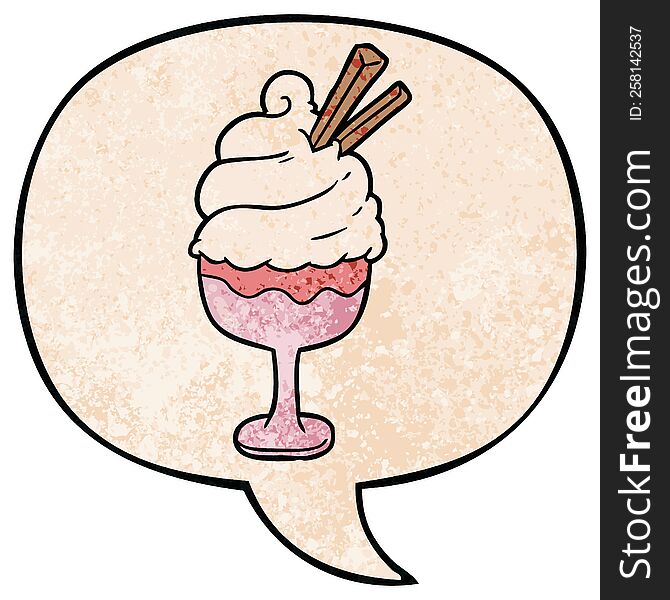 cartoon ice cream dessert with speech bubble in retro texture style