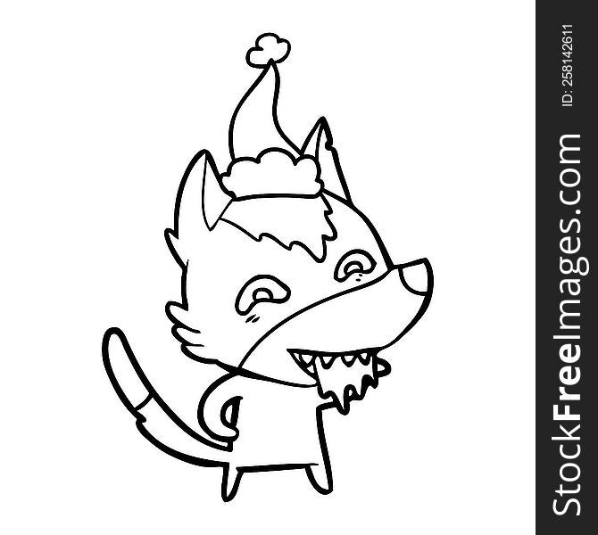 hand drawn line drawing of a hungry wolf wearing santa hat
