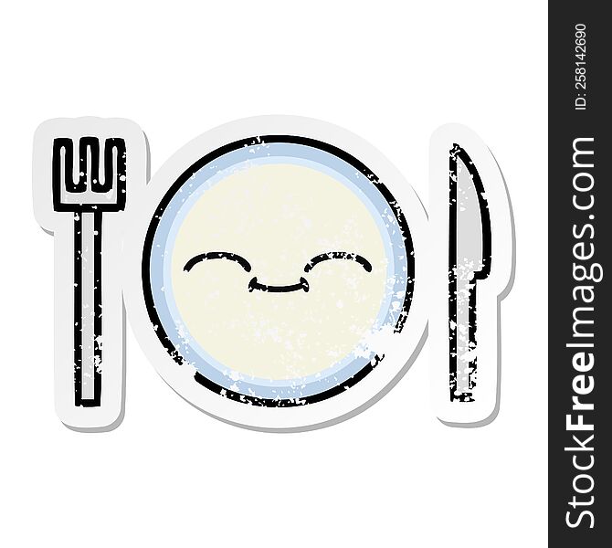 Distressed Sticker Of A Cute Cartoon Dinner Plate