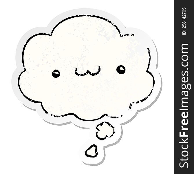 happy cartoon expression with thought bubble as a distressed worn sticker