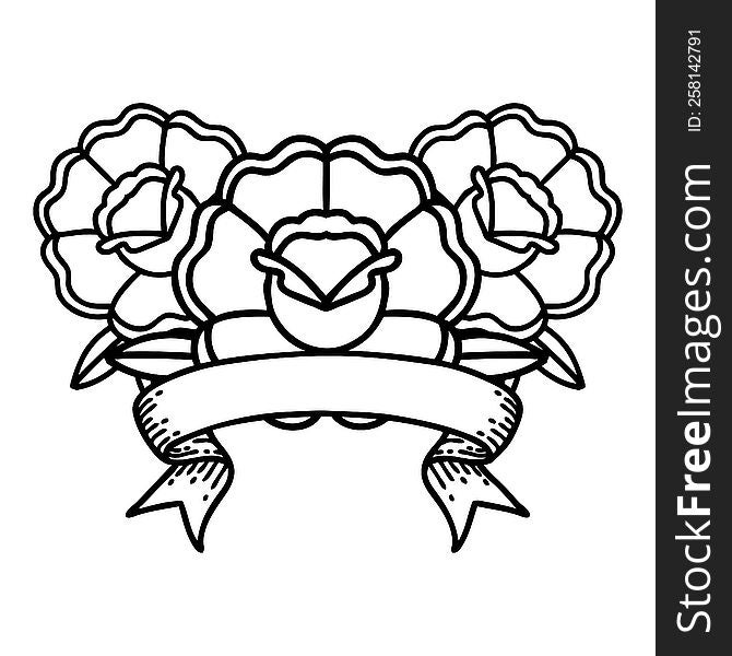 traditional black linework tattoo with banner of a bouquet of flowers