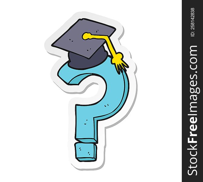 sticker of a cartoon graduation cap on question mark