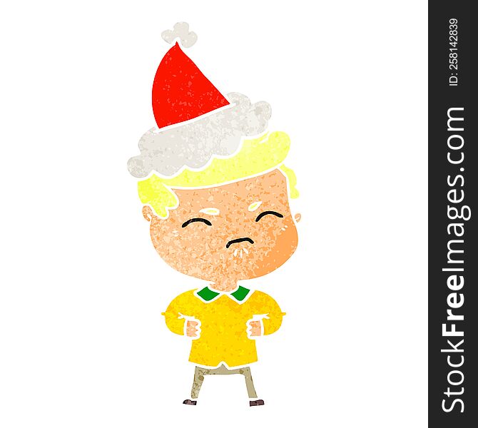 hand drawn retro cartoon of a annoyed man wearing santa hat