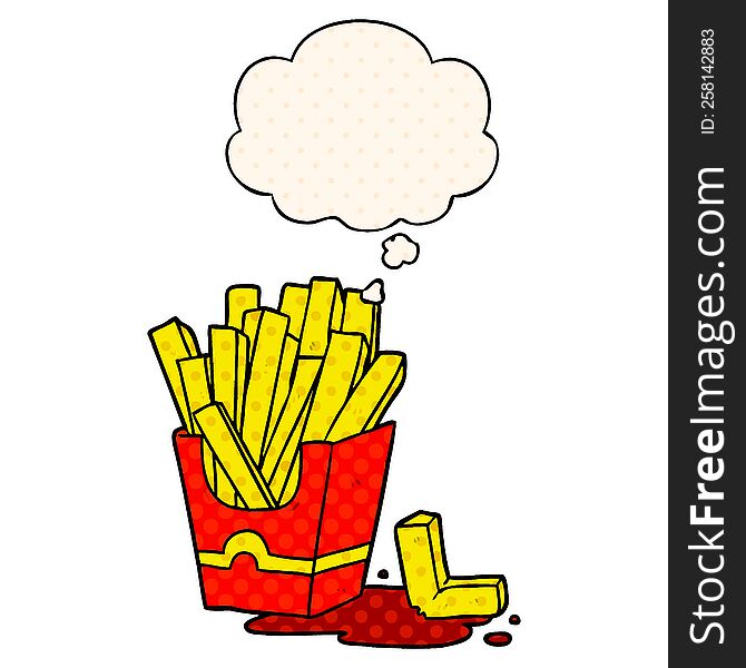 cartoon fries with thought bubble in comic book style