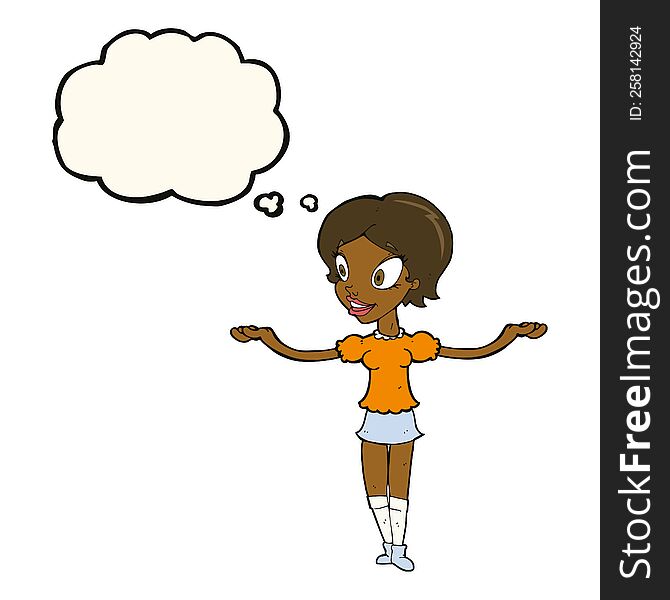 cartoon woman with arms spread wide with thought bubble