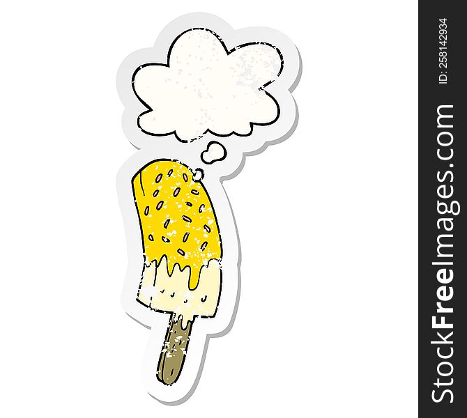 Cartoon Ice Cream Lolly And Thought Bubble As A Distressed Worn Sticker