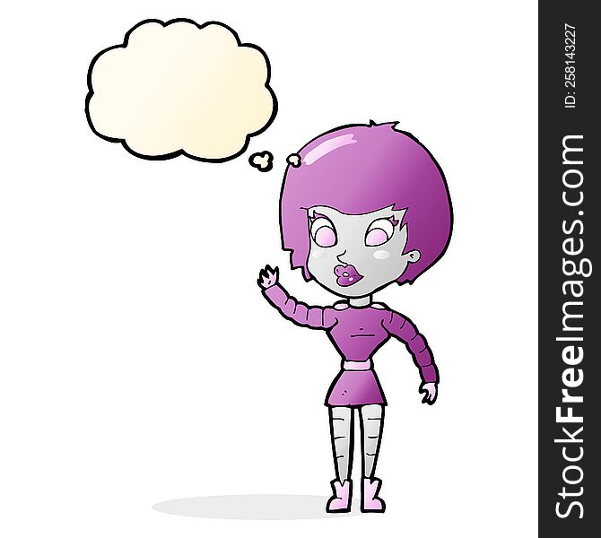 Cartoon Robot Woman Waving With Thought Bubble