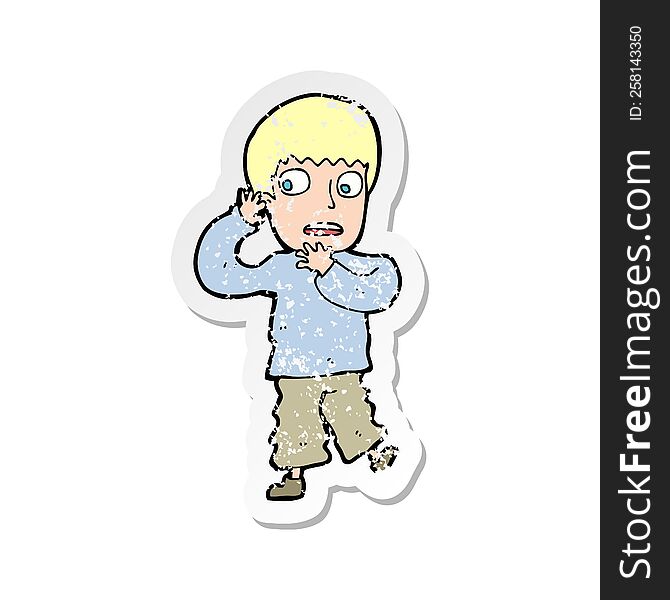 retro distressed sticker of a cartoon frightened boy