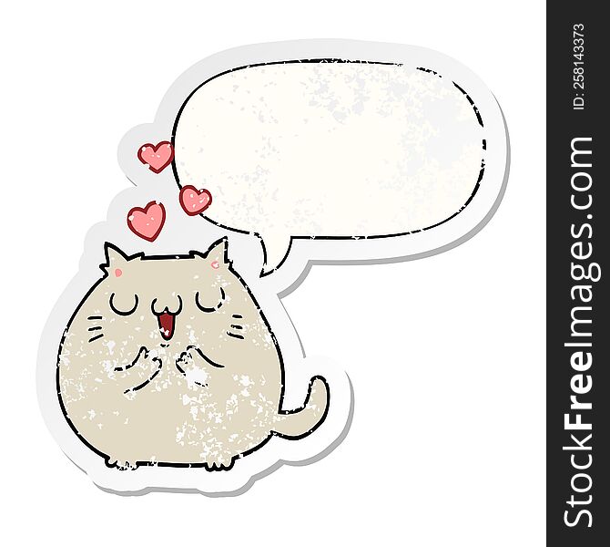 cute cartoon cat in love with speech bubble distressed distressed old sticker. cute cartoon cat in love with speech bubble distressed distressed old sticker
