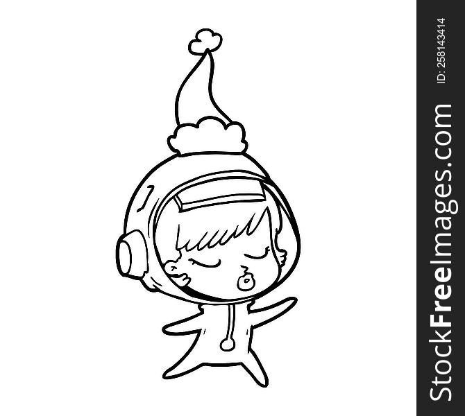 hand drawn line drawing of a pretty astronaut girl wearing santa hat