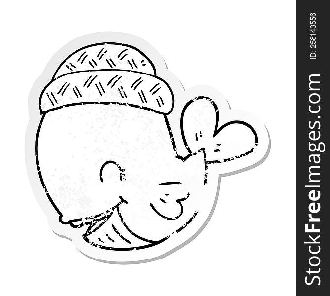 distressed sticker of a cartoon whale wearing hat