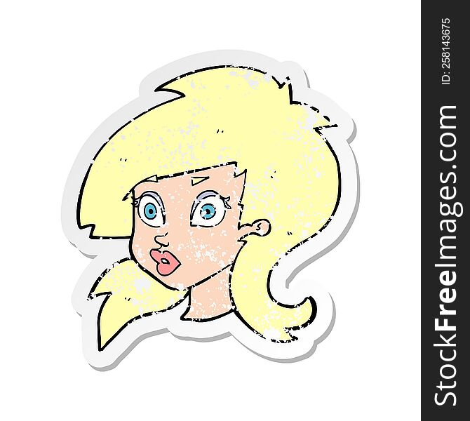 Retro Distressed Sticker Of A Cartoon Pretty Surprised Woman