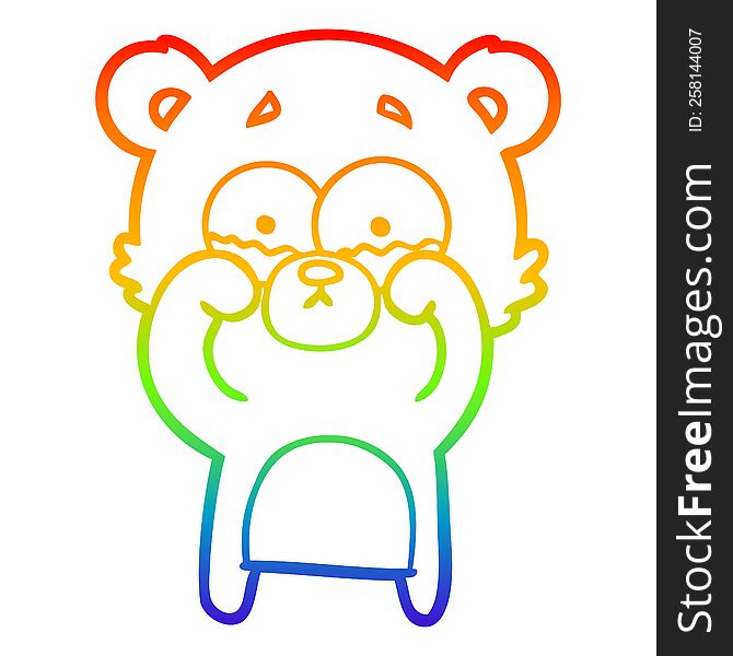 rainbow gradient line drawing of a cartoon crying bear rubbing eyes