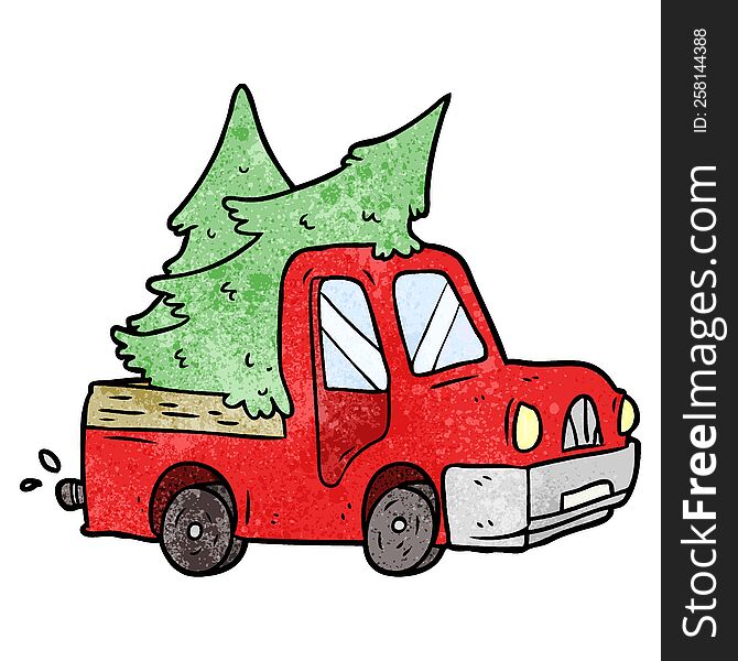 cartoon pickup truck carrying christmas trees. cartoon pickup truck carrying christmas trees