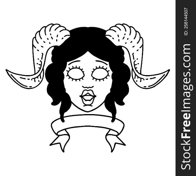 Tiefling Character Face With Scroll Banner Illustration