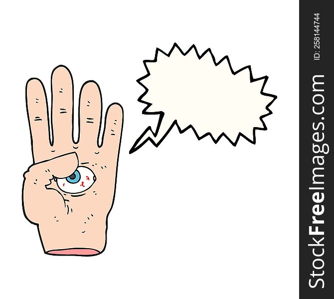 freehand drawn speech bubble cartoon spooky hand with eyeball