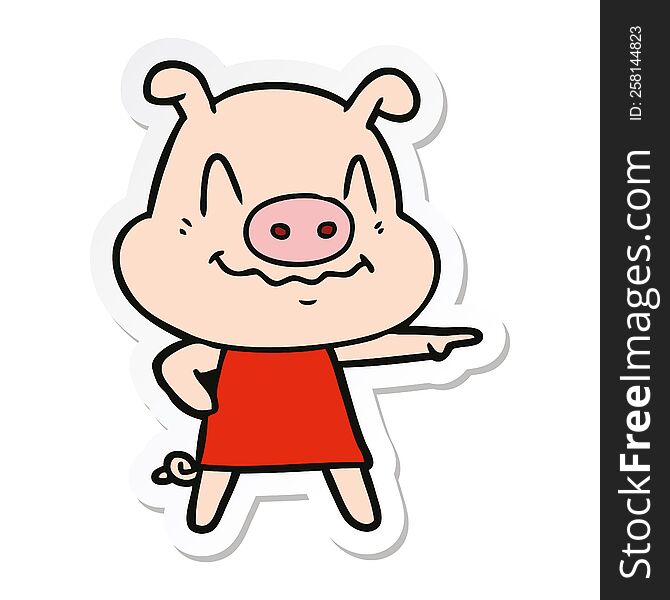 Sticker Of A Nervous Cartoon Pig Wearing Dress