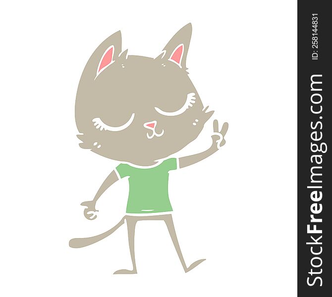 calm flat color style cartoon cat giving peace sign