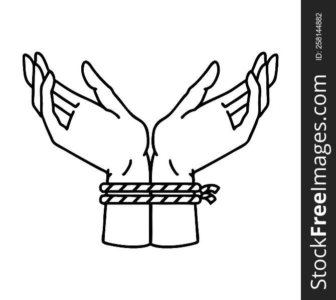tattoo in black line style of a pair of tied hands. tattoo in black line style of a pair of tied hands