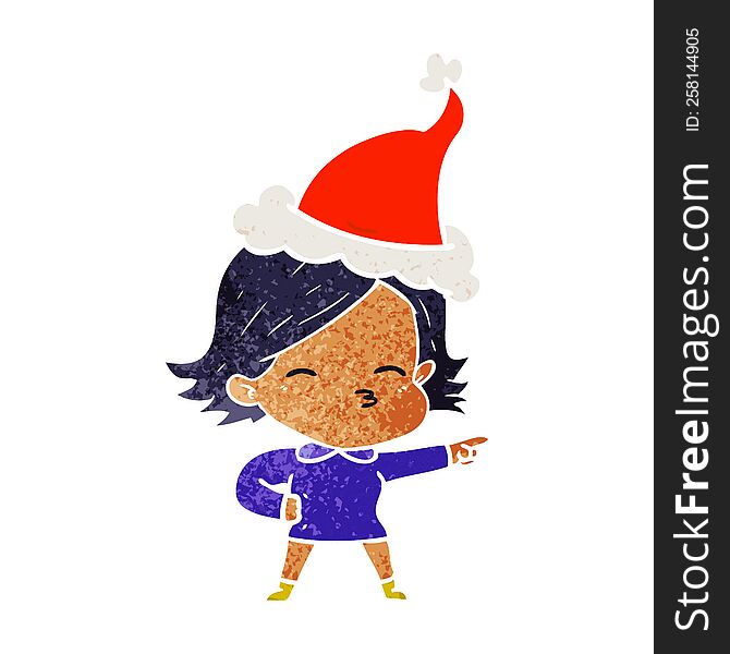 Retro Cartoon Of A Woman Pointing Wearing Santa Hat