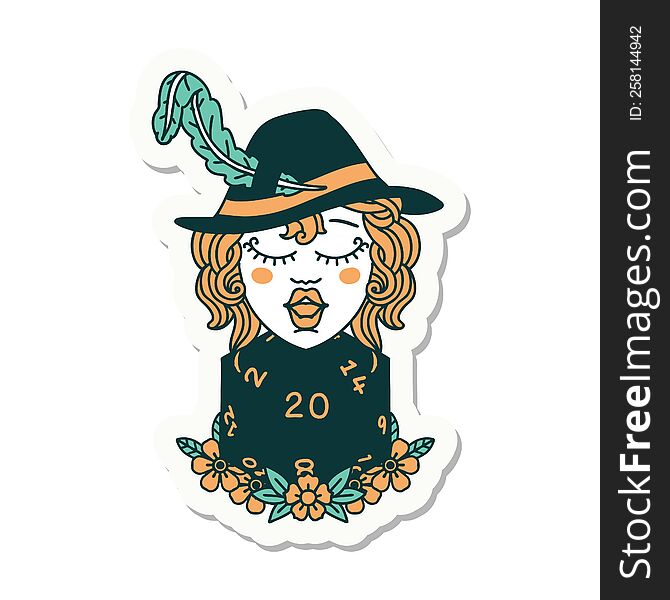 sticker of a human bard with natural 20 dice roll. sticker of a human bard with natural 20 dice roll
