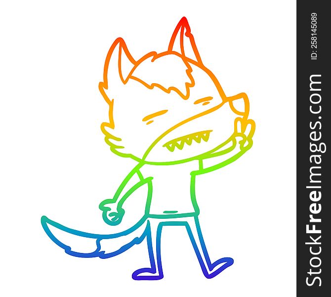 rainbow gradient line drawing of a cartoon wolf showing teeth