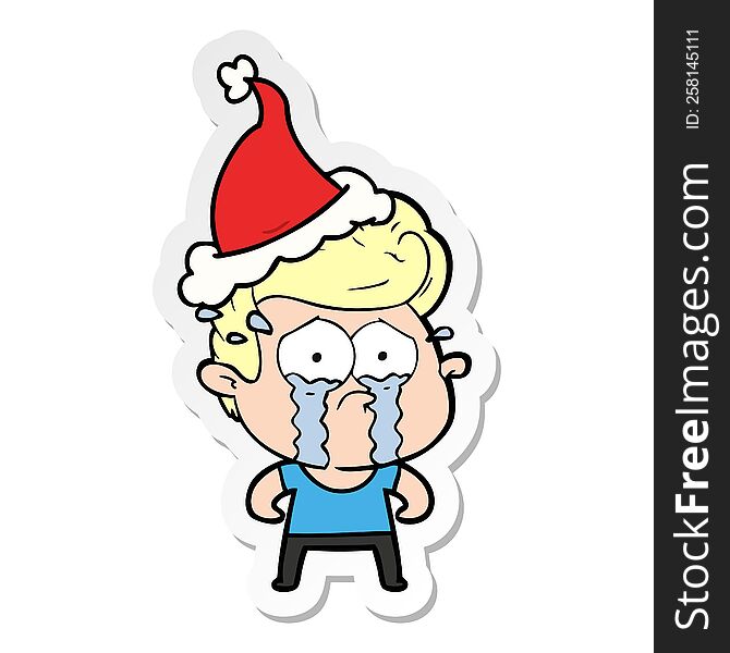 hand drawn sticker cartoon of a crying man wearing santa hat