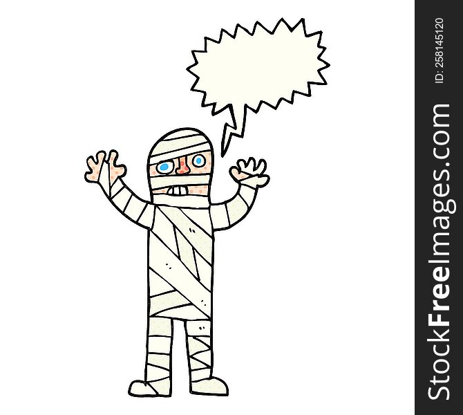 freehand drawn comic book speech bubble cartoon bandaged mummy