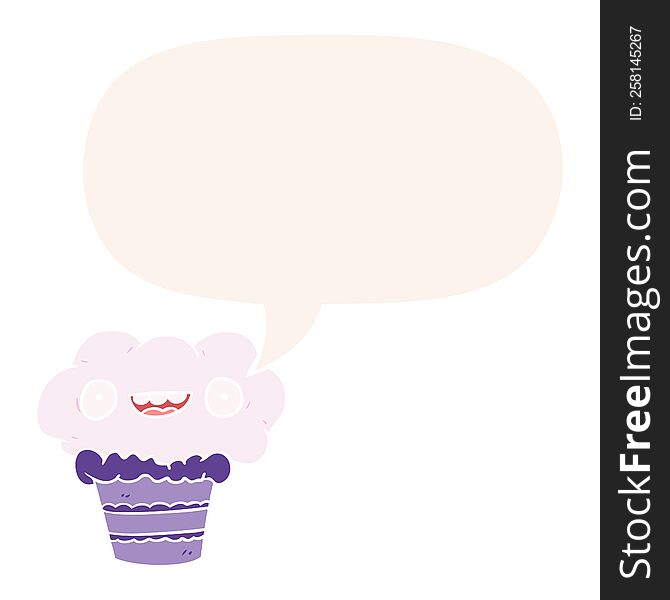 funny cartoon cupcake with speech bubble in retro style
