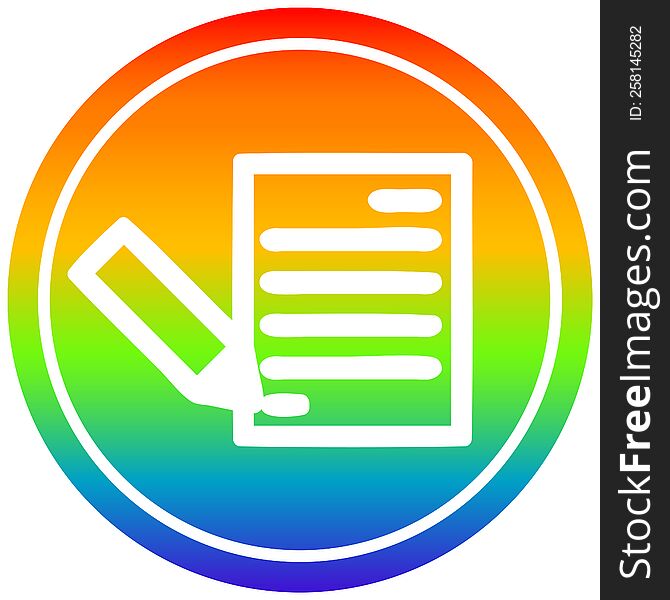 document and pencil circular icon with rainbow gradient finish. document and pencil circular icon with rainbow gradient finish