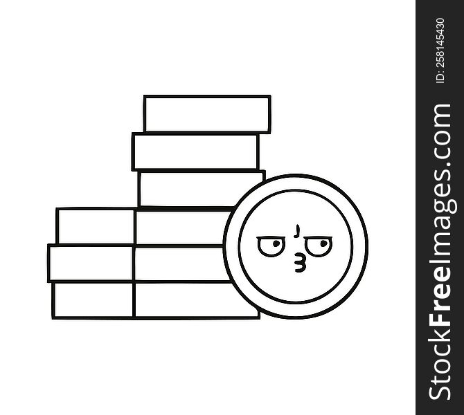 line drawing cartoon of a coins. line drawing cartoon of a coins