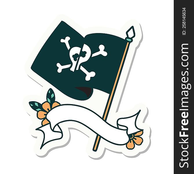 tattoo style sticker with banner of a pirate flag