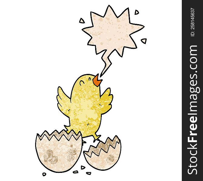 Cartoon Bird Hatching From Egg And Speech Bubble In Retro Texture Style