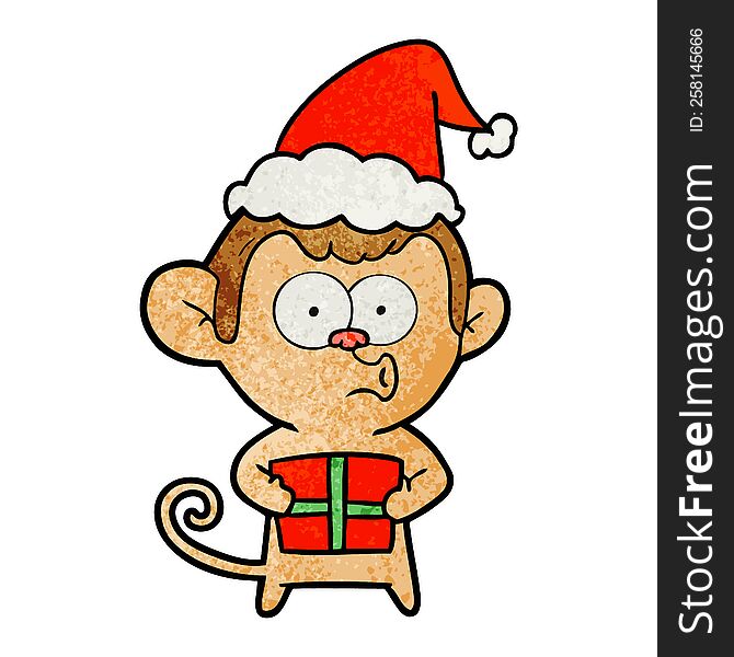 textured cartoon of a christmas monkey wearing santa hat