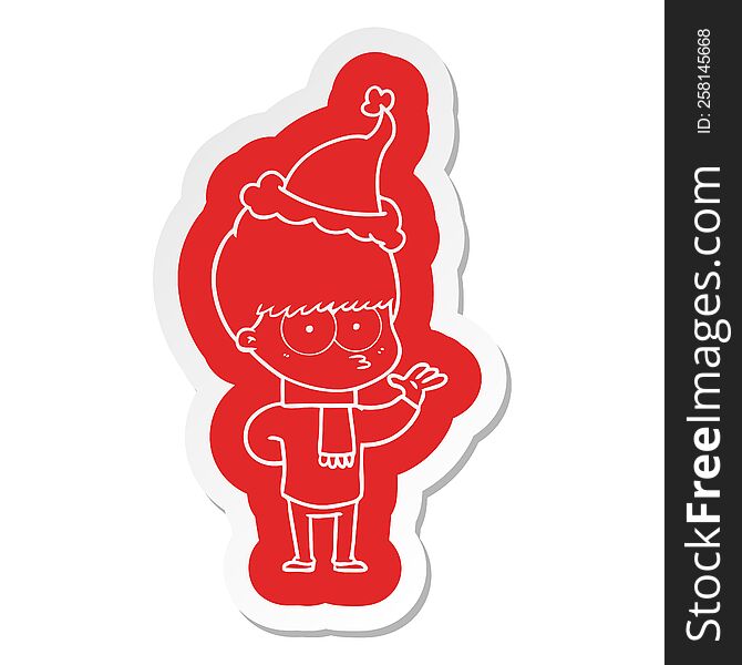 nervous quirky cartoon  sticker of a boy wearing santa hat