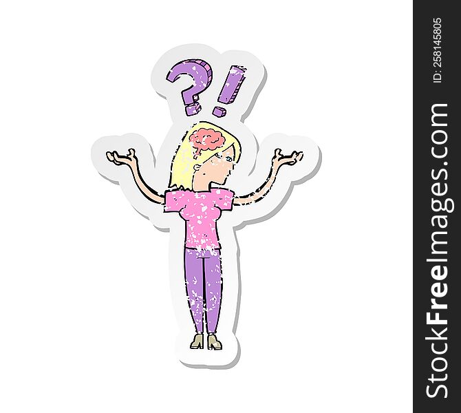 retro distressed sticker of a cartoon woman asking question