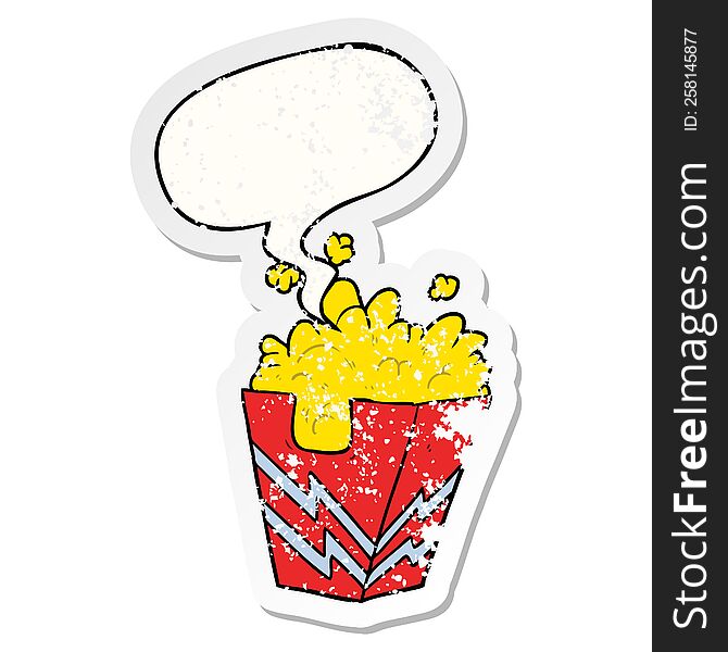 Cartoon Box Of Popcorn And Speech Bubble Distressed Sticker