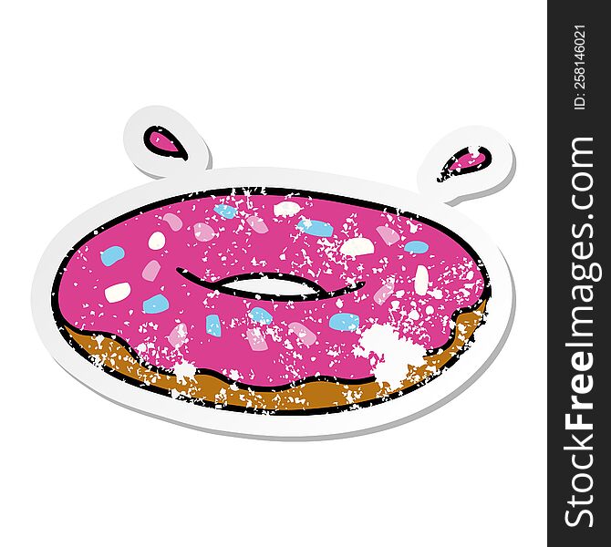 hand drawn distressed sticker cartoon doodle of an iced ring donut