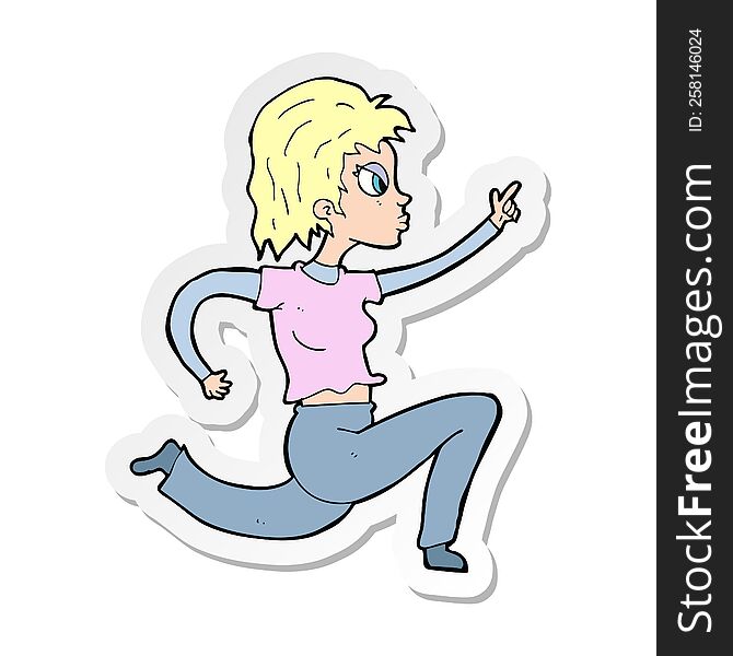 sticker of a cartoon woman running and pointing