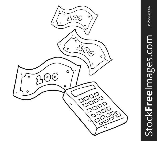 freehand drawn black and white cartoon calculator counting money