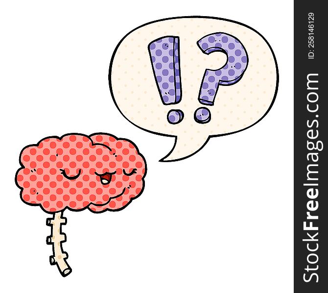 cartoon curious brain with speech bubble in comic book style