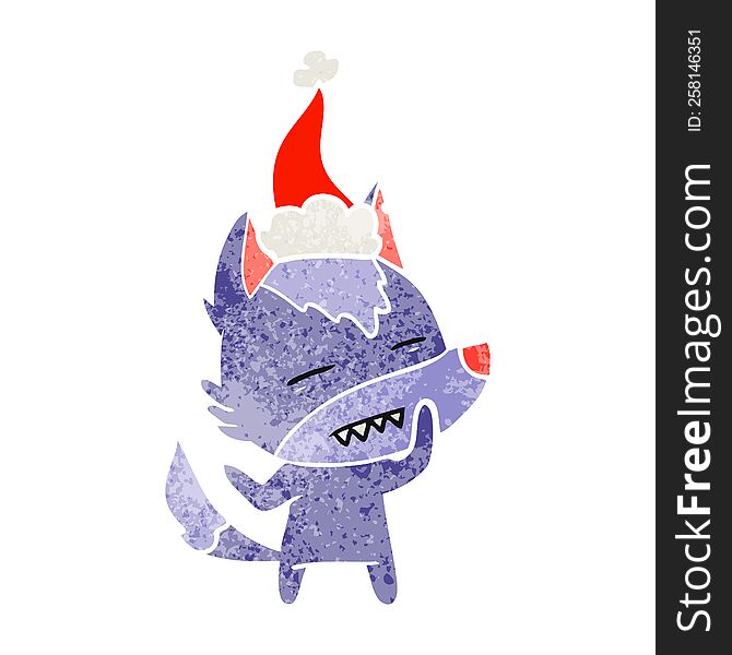 Retro Cartoon Of A Wolf Showing Teeth Wearing Santa Hat