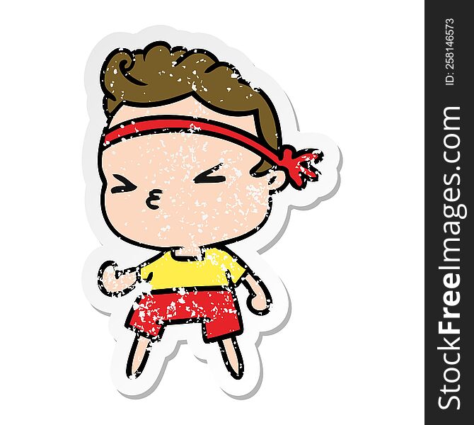 distressed sticker cartoon illustration kawaii working out boy. distressed sticker cartoon illustration kawaii working out boy