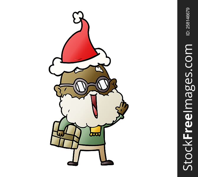 Gradient Cartoon Of A Joyful Man With Beard And Parcel Under Arm Wearing Santa Hat