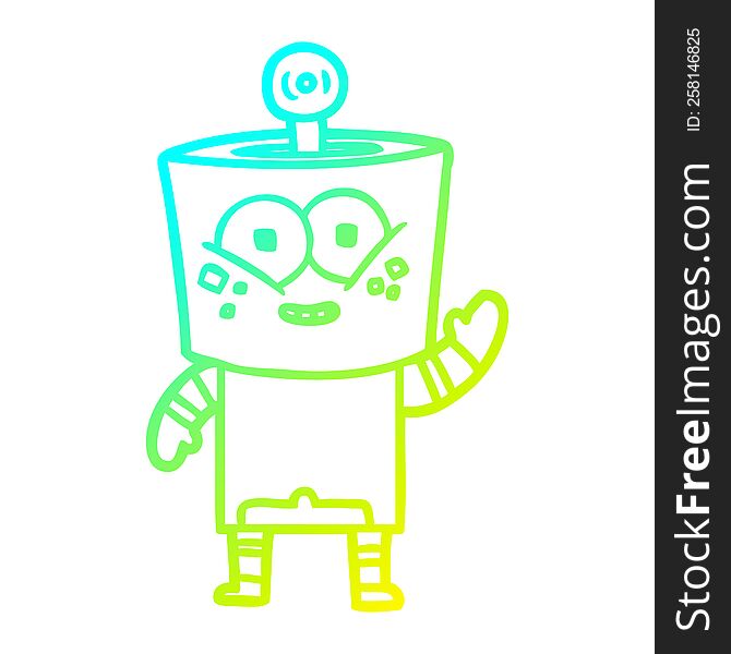 cold gradient line drawing of a happy cartoon robot waving hello