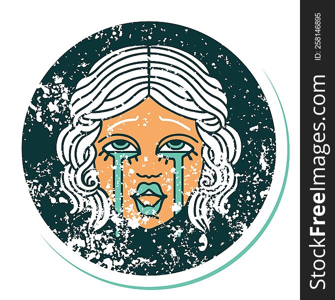 Distressed Sticker Tattoo Style Icon Of A Very Happy Crying Female Face