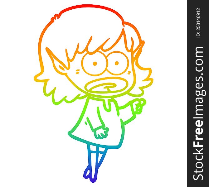 rainbow gradient line drawing of a cartoon shocked elf girl pointing