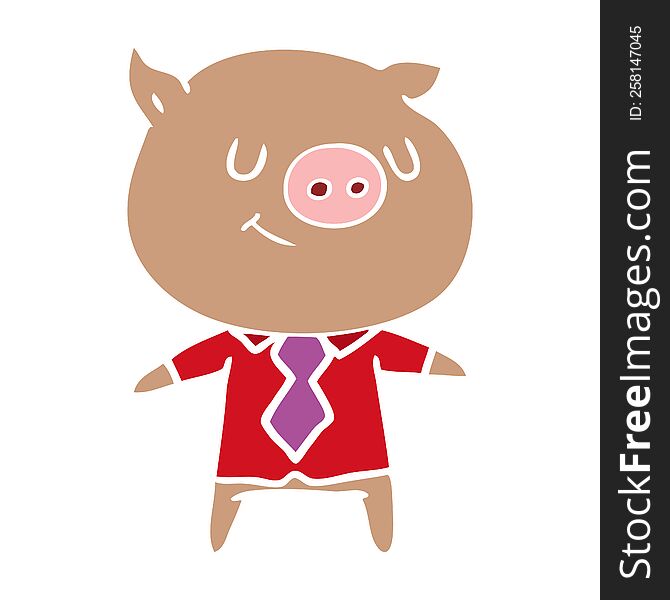 happy flat color style cartoon smart pig