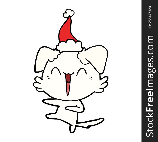 happy dancing dog hand drawn line drawing of a wearing santa hat. happy dancing dog hand drawn line drawing of a wearing santa hat